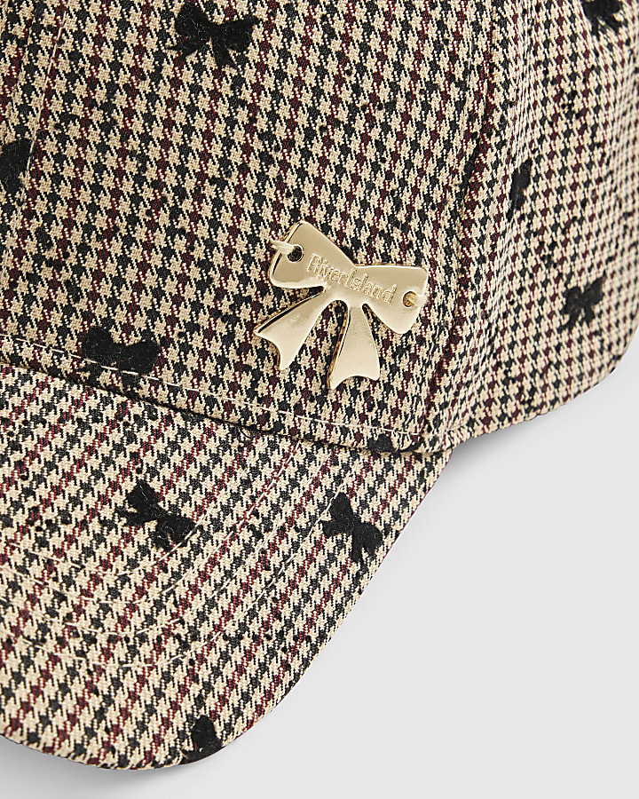 Girls Brown Bow Check Tie Back Cap
