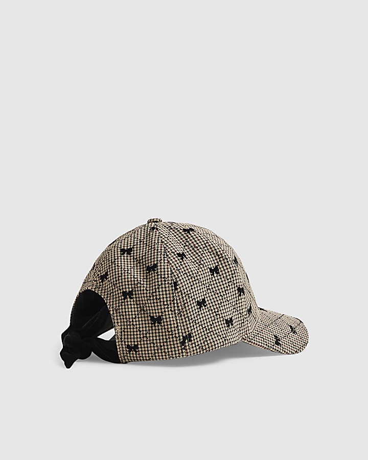 Girls Brown Bow Check Tie Back Cap