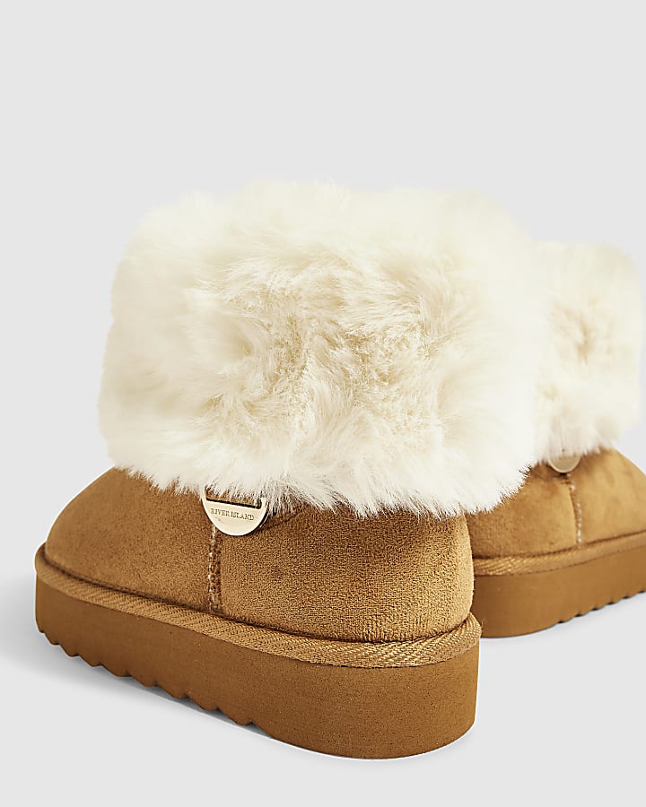 Girls Brown Faux Suede Fur Cuff Snug Boots