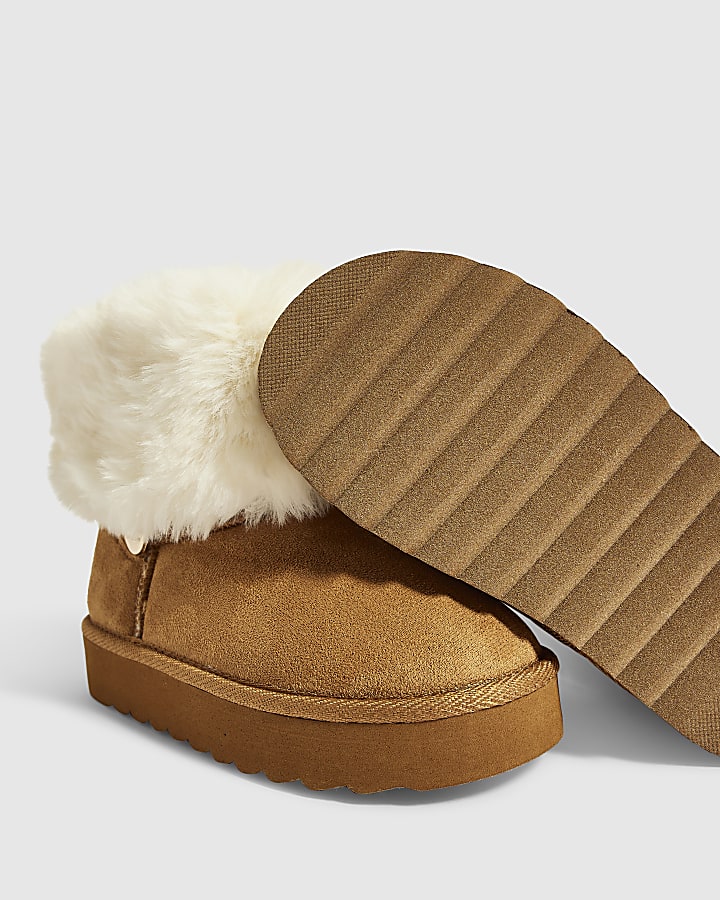 Girls Brown Faux Suede Fur Cuff Snug Boots