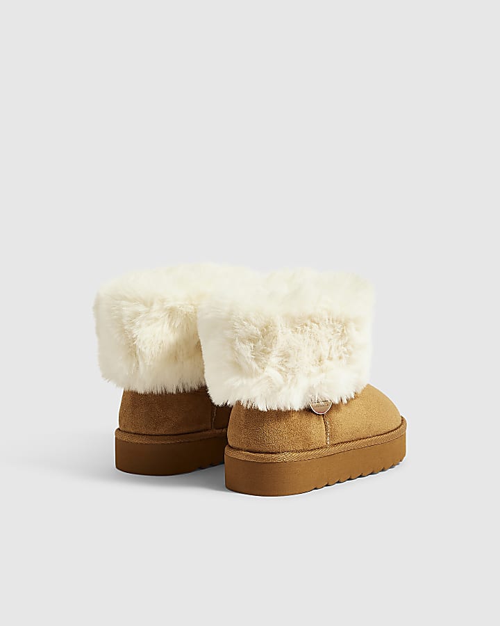 Girls Brown Faux Suede Fur Cuff Snug Boots