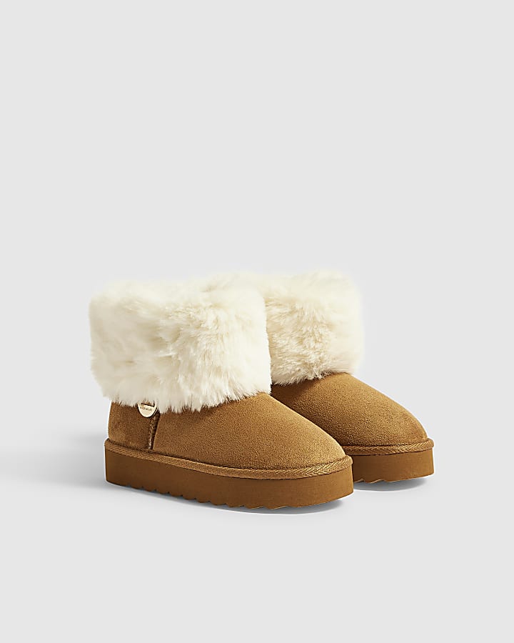 Girls Brown Faux Suede Fur Cuff Snug Boots