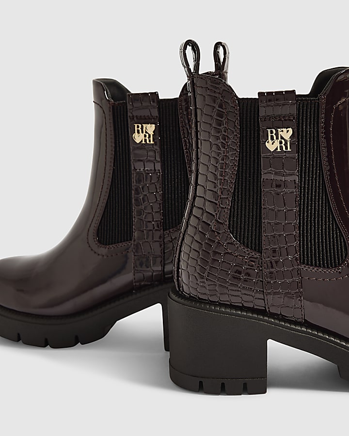 Girls Burgundy Snake Heeled Boots