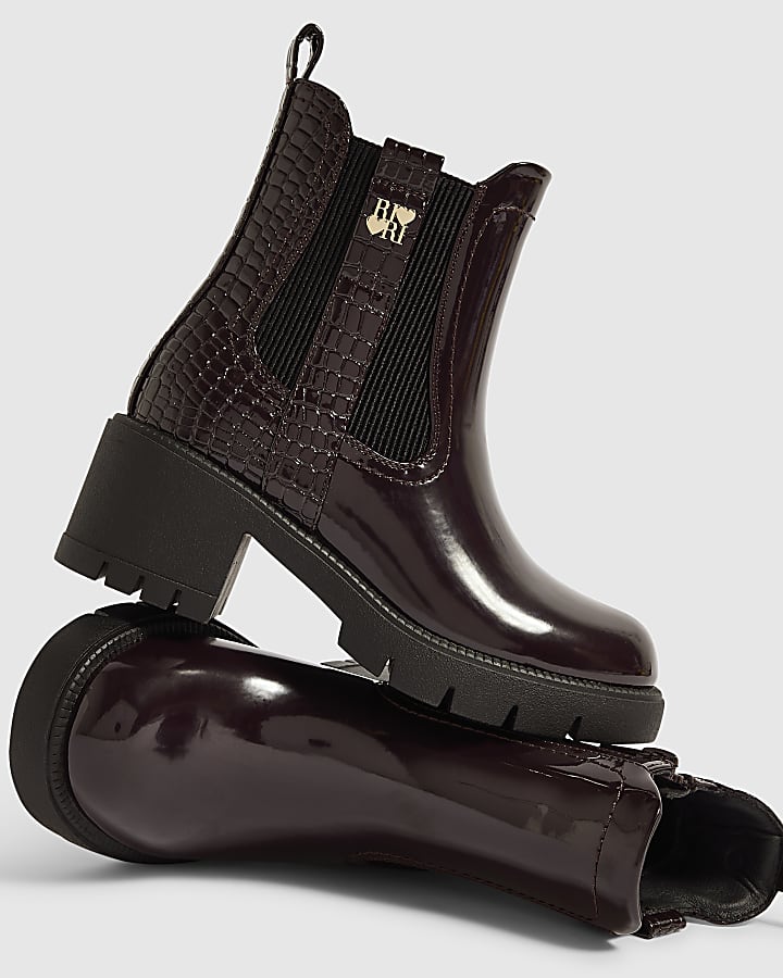 Girls Burgundy Snake Heeled Boots