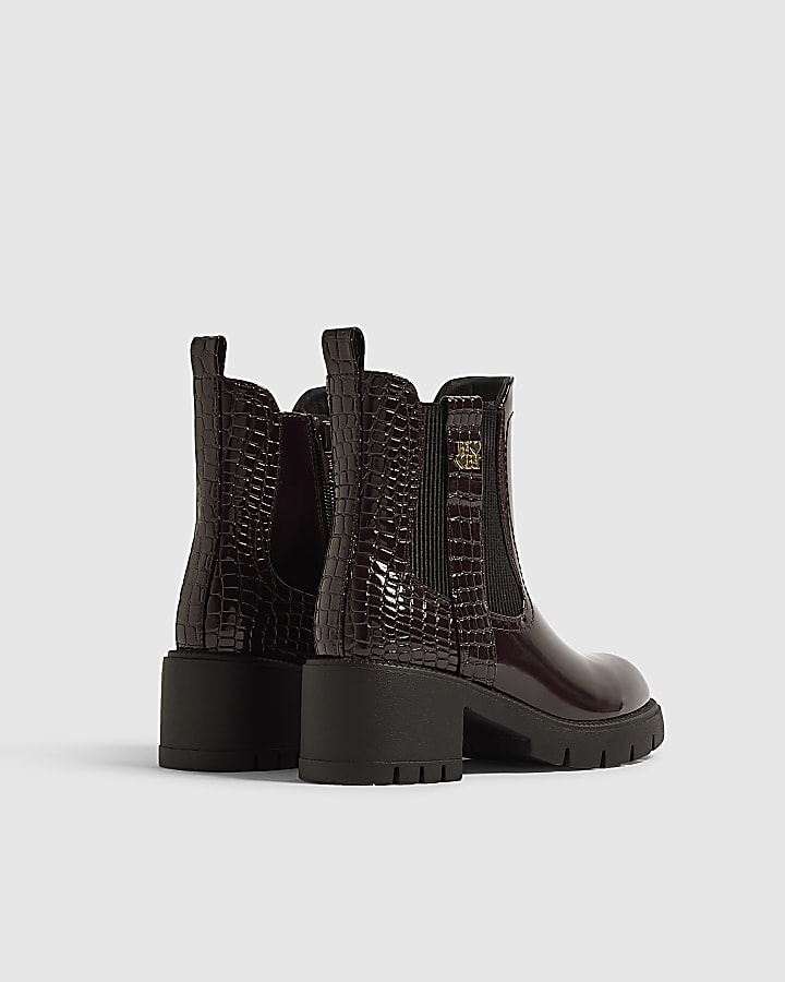 Girls Burgundy Snake Heeled Boots