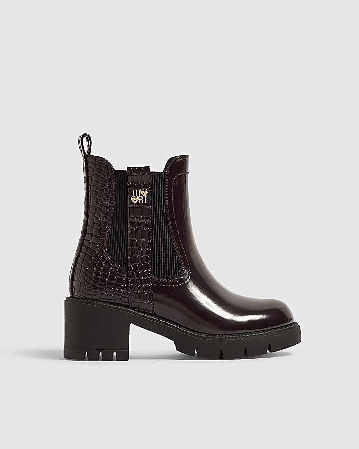 Girls Burgundy Snake Heeled Boots