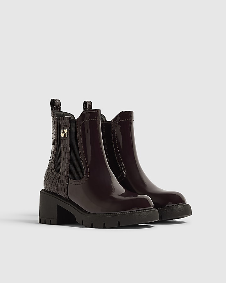 Girls Burgundy Snake Heeled Boots