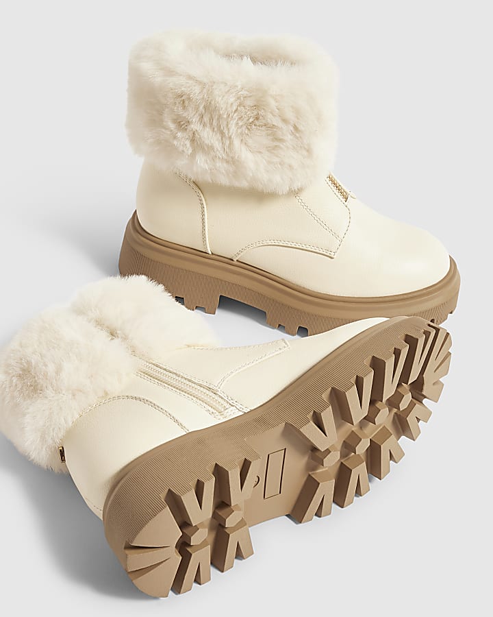 Girls Cream Fur Trim Zip Up Boots