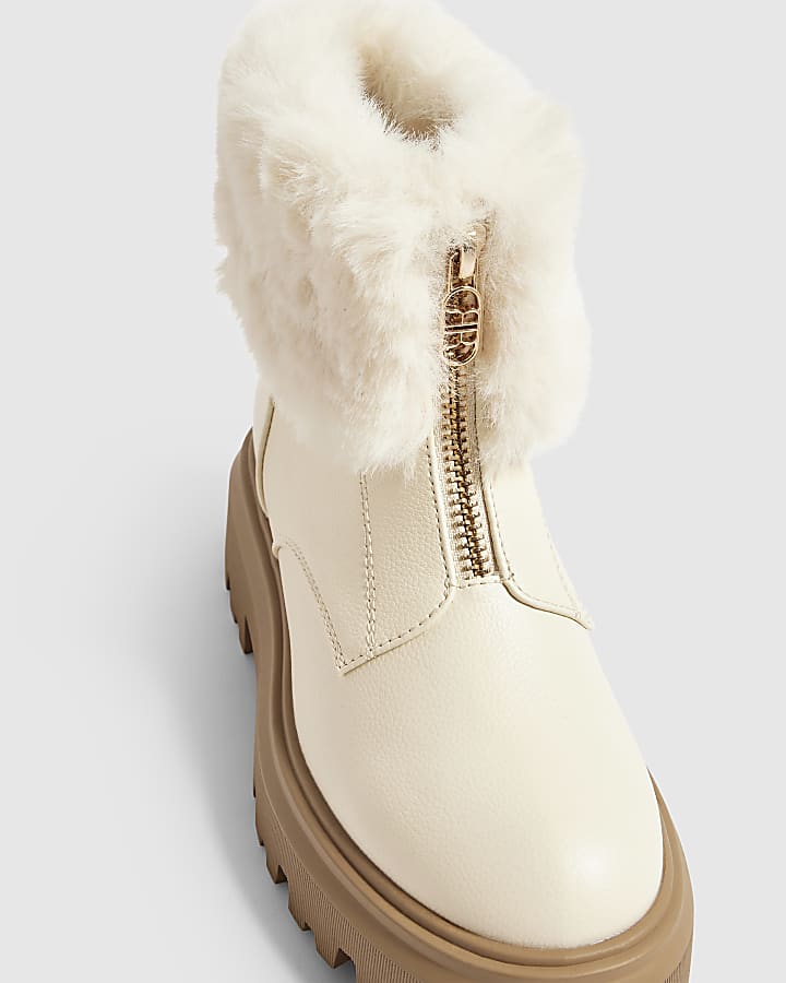 Girls Cream Fur Trim Zip Up Boots