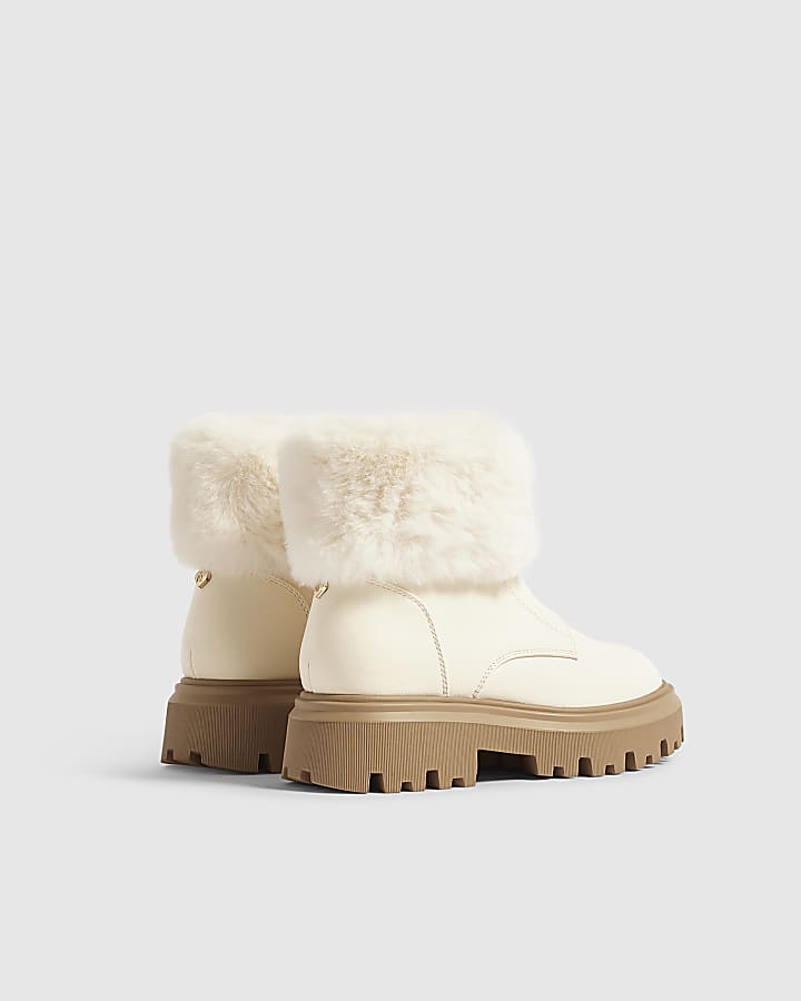 Girls Cream Fur Trim Zip Up Boots
