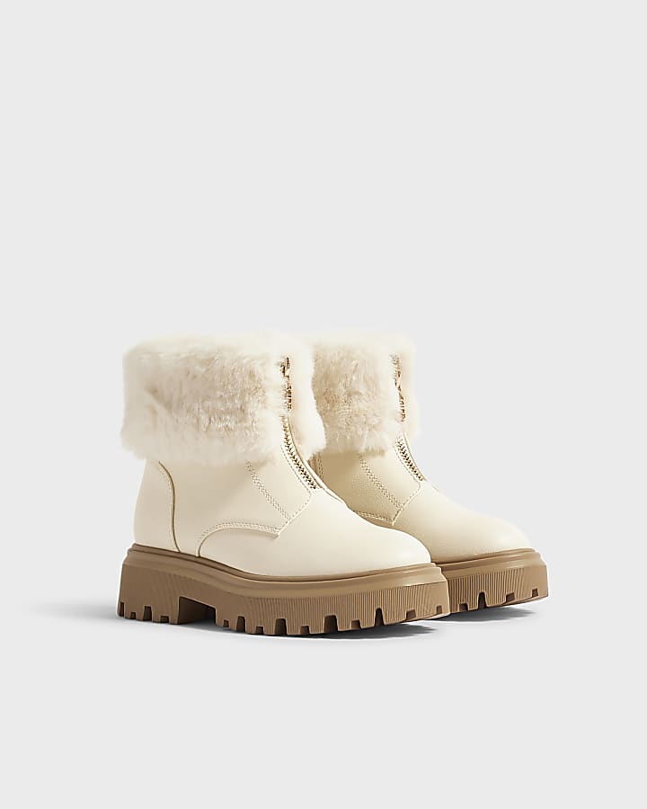 Girls Cream Fur Trim Zip Up Boots