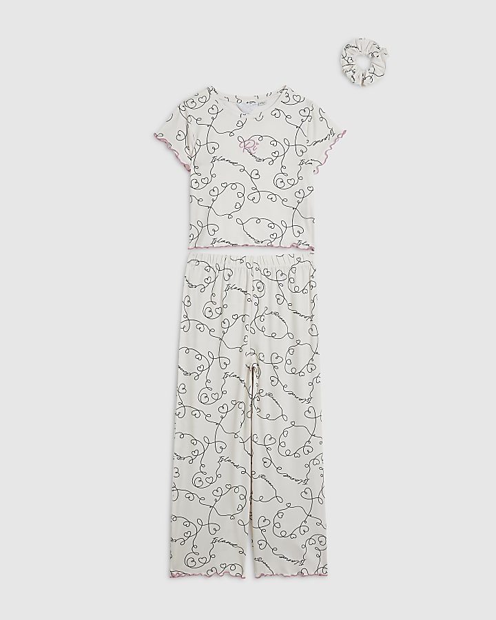 Girls White Swirly Heart Pyjamas Set