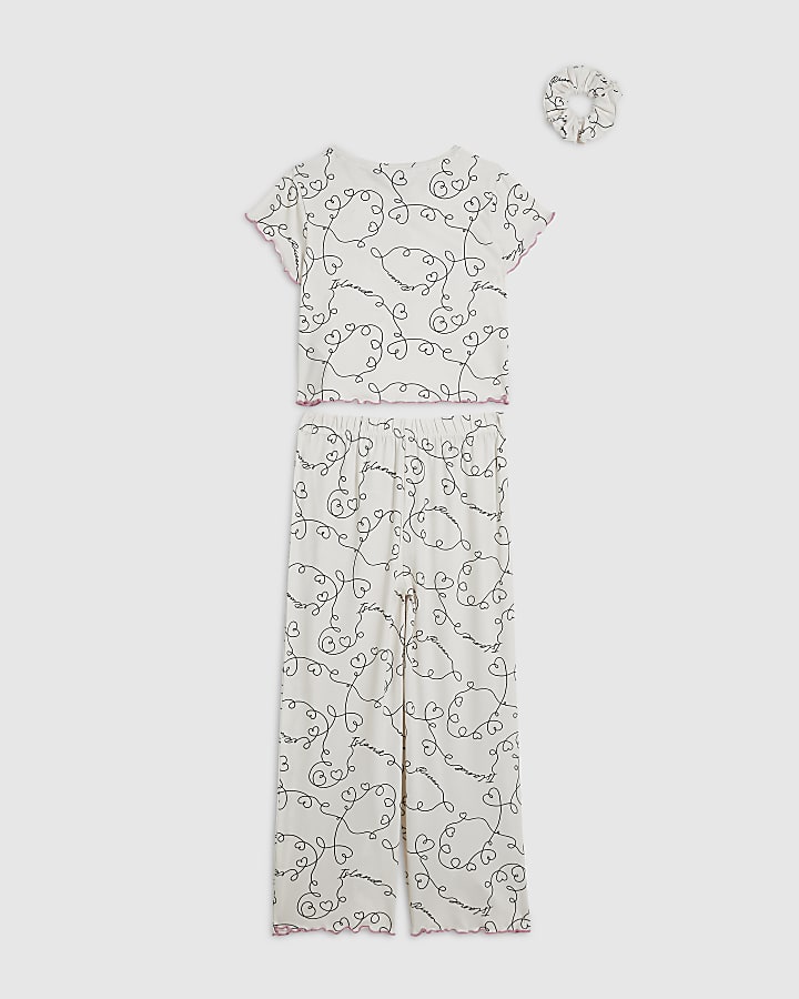 Girls White Swirly Heart Pyjamas Set