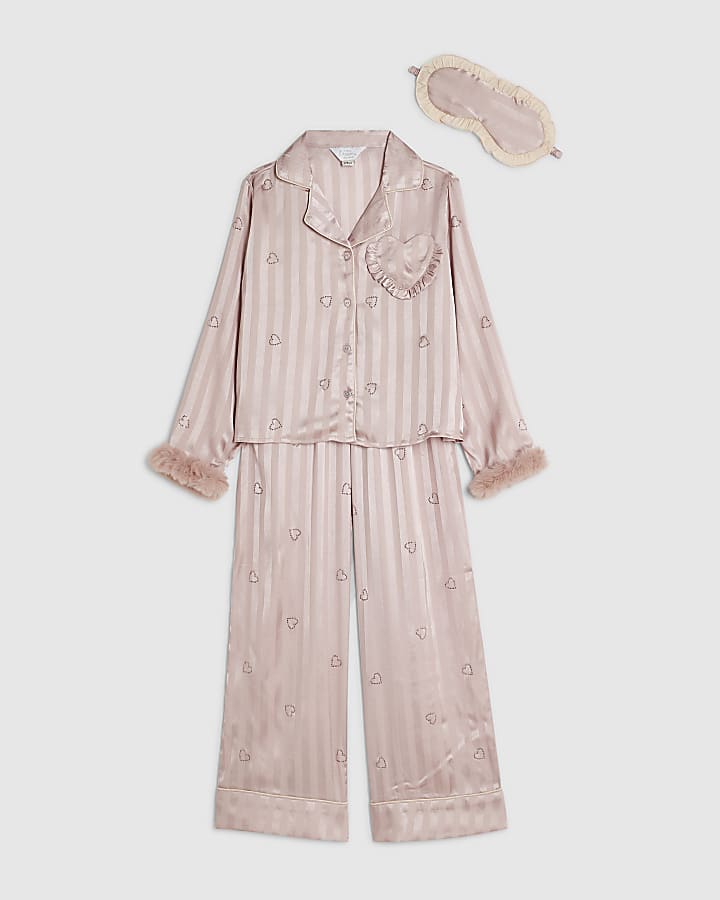 Girls Pink Heart Stripe Pyjamas Set