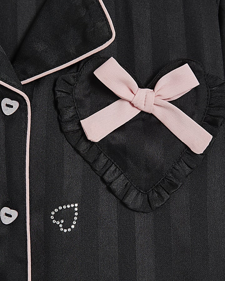 Girls Black Heart Embellished Satin Pyjamas