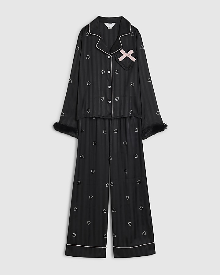 Girls Black Heart Embellished Satin Pyjamas