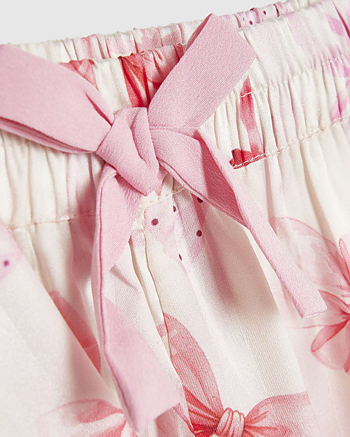 Girls Pink Satin Bow Plisse Cuff Pyjamas Set