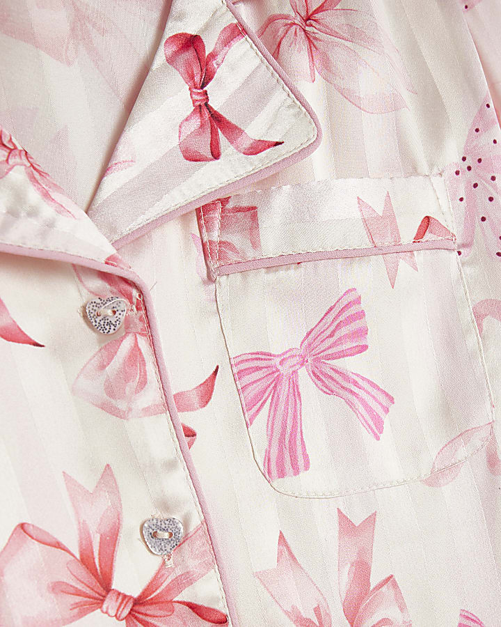Girls Pink Satin Bow Plisse Cuff Pyjamas Set