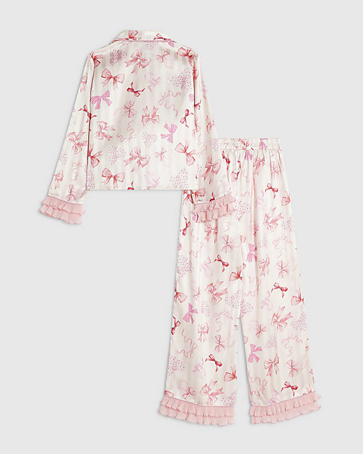 Girls Pink Satin Bow Plisse Cuff Pyjamas Set
