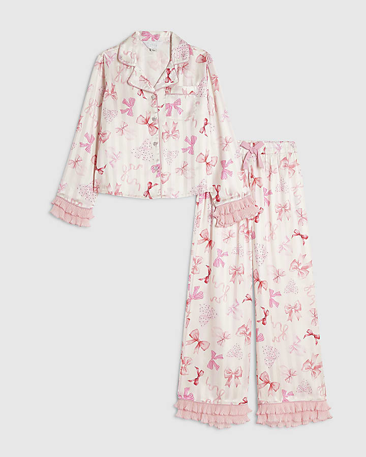 Girls Pink Satin Bow Plisse Cuff Pyjamas Set