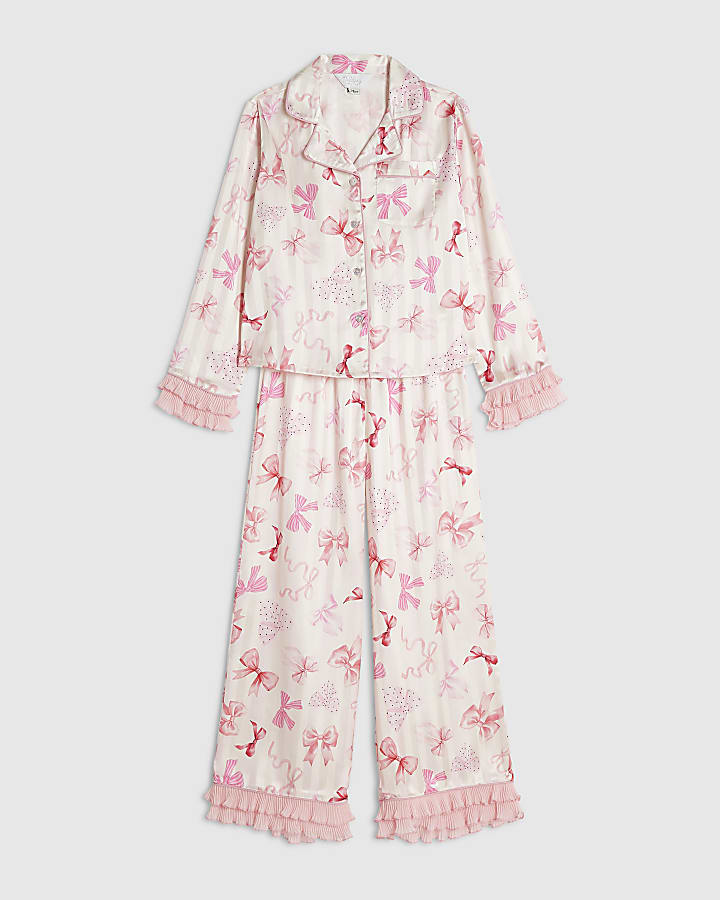 Girls Pink Satin Bow Plisse Cuff Pyjamas Set