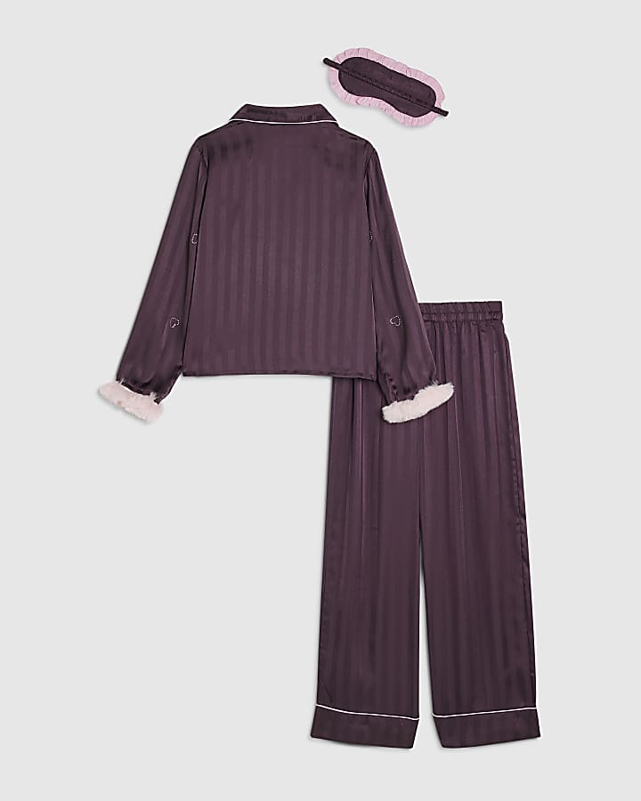 Girls Purple Heart Hotfix Stripe Pyjamas Set