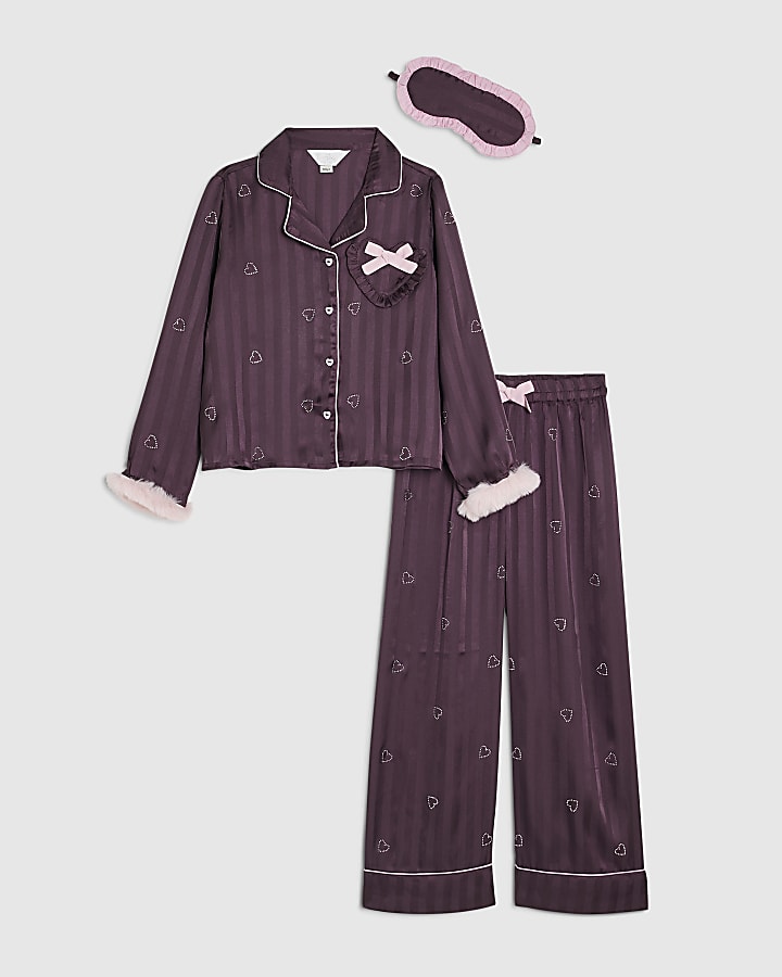Girls Purple Heart Hotfix Stripe Pyjamas Set