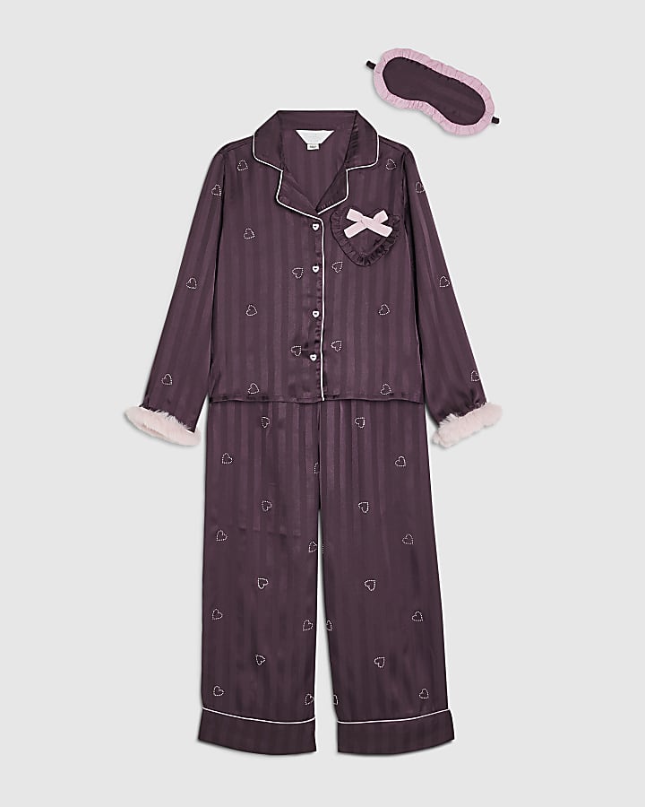 Girls Purple Heart Hotfix Stripe Pyjamas Set