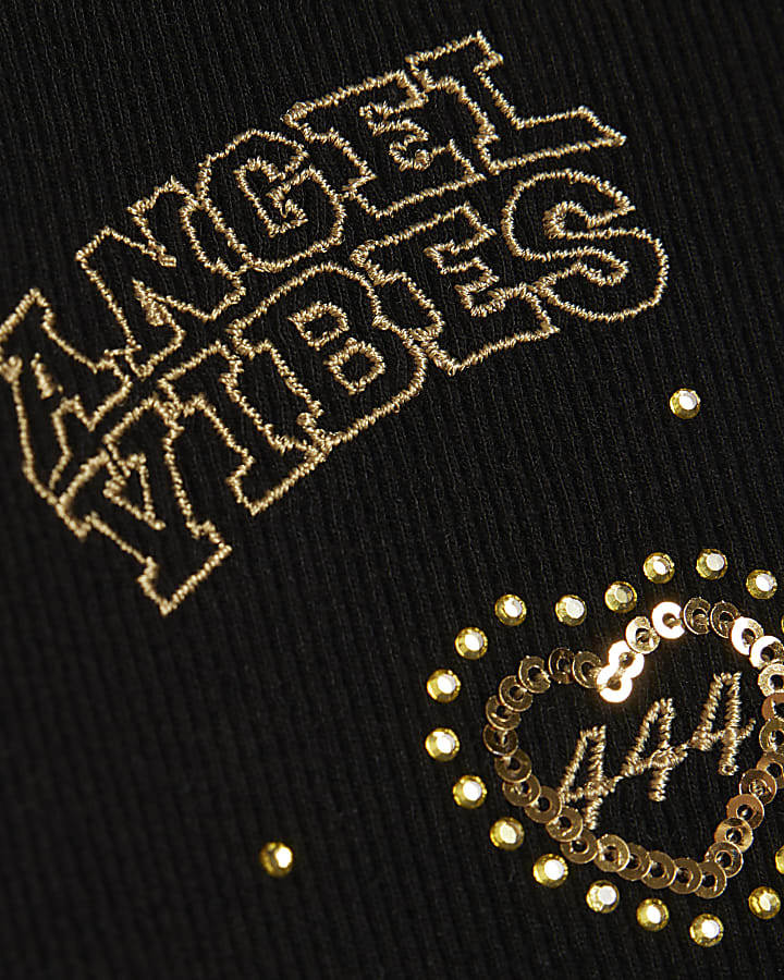 Girls Black Sequin Angel Embroidered T-Shirt