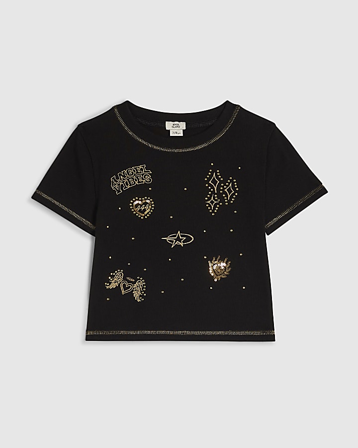 Girls Black Sequin Angel Embroidered T-Shirt