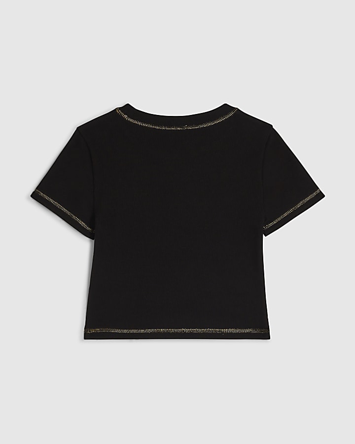 Girls Black Sequin Angel Embroidered T-Shirt