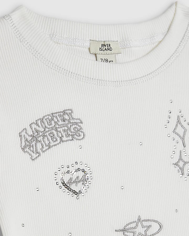 Girls White Sequin Angel Embroidered T-Shirt