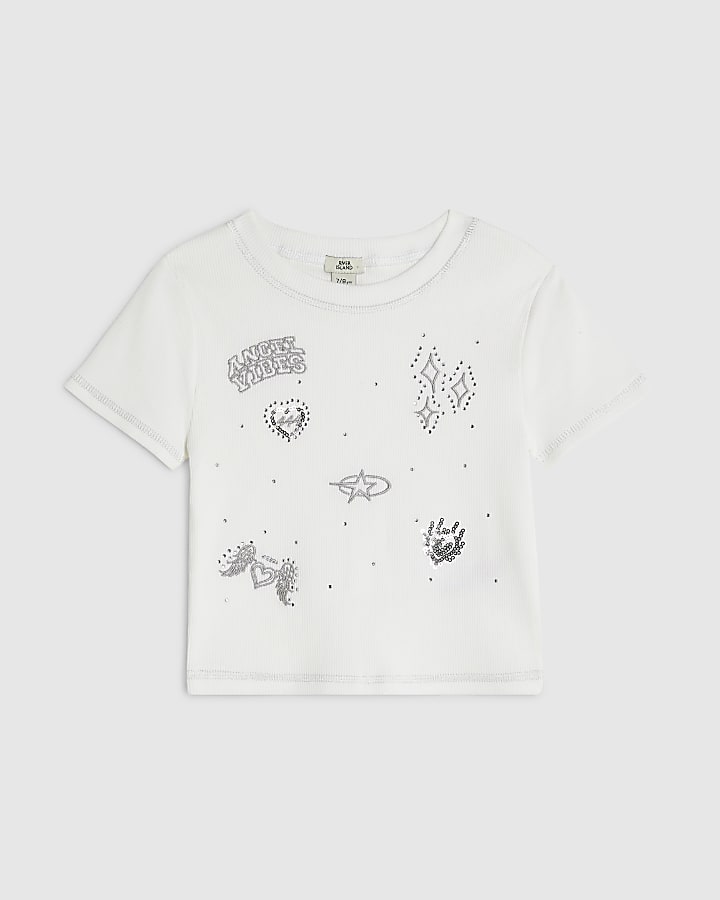 Girls White Sequin Angel Embroidered T-Shirt