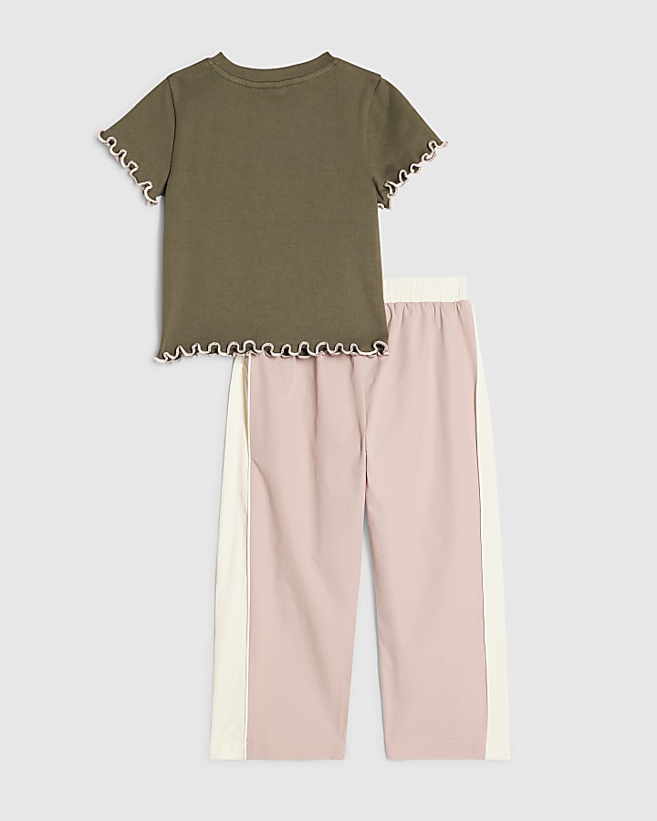 Mini Girls Khaki Ribbed T-Shirt Tracksuit Set