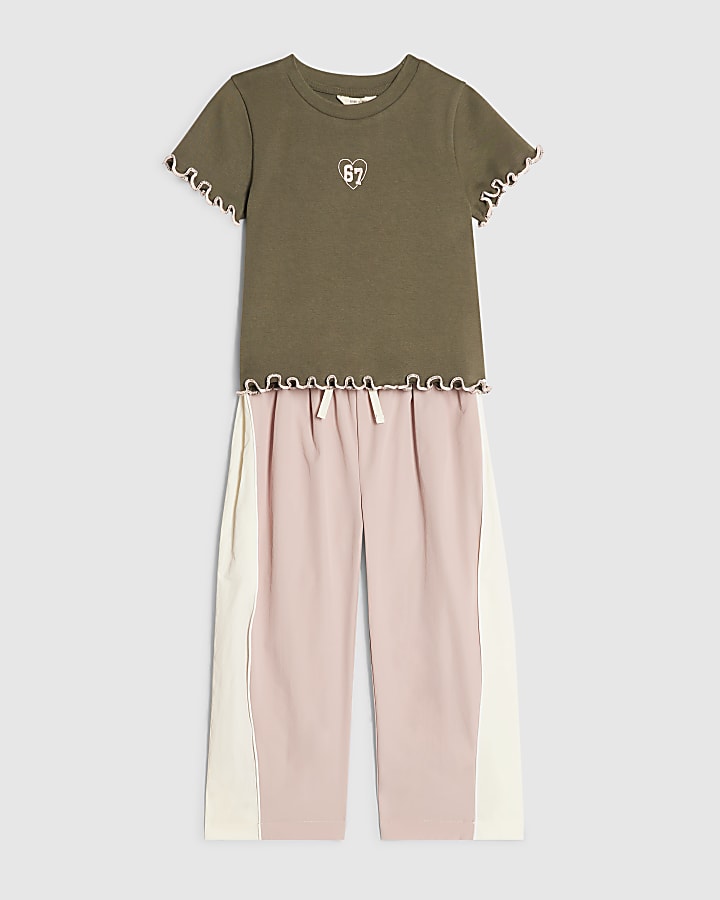 Mini Girls Khaki Ribbed T-Shirt Tracksuit Set