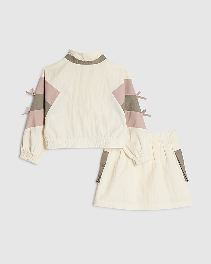 Mini Girls Cream Colour Block Nylon Skirt Set
