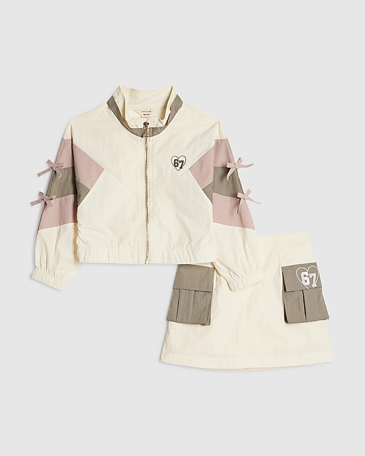 Mini Girls Cream Colour Block Nylon Skirt Set