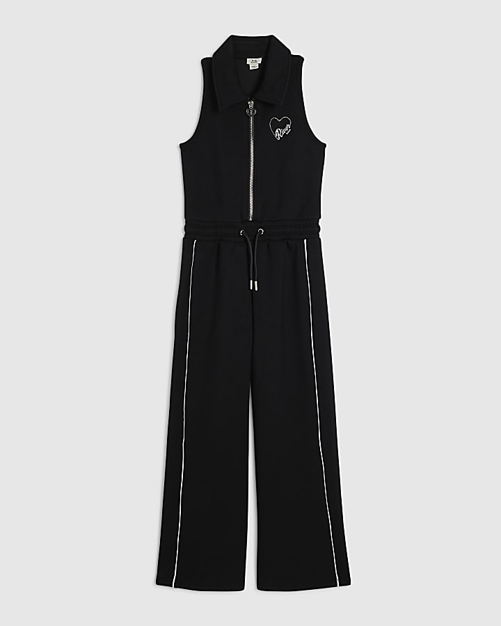 Girls Black Premium Diamante Heart Jumpsuit