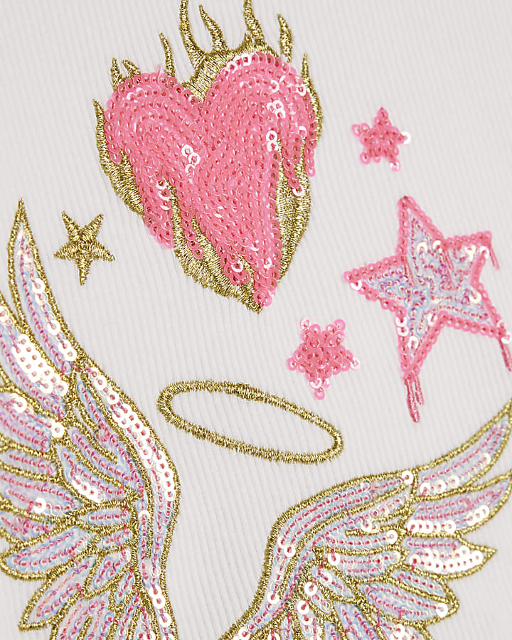 Girls White Sequin Embroidered Wings T-Shirt