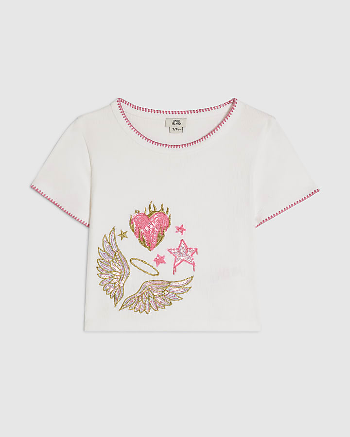 Girls White Sequin Embroidered Wings T-Shirt