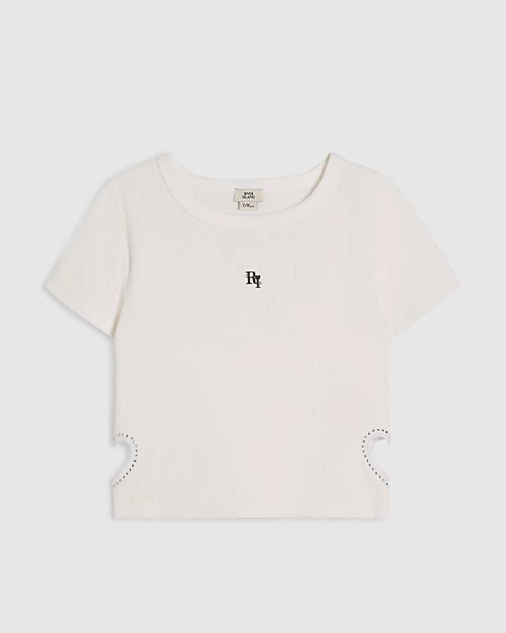 Girls White Heart Cut Out T-Shirt