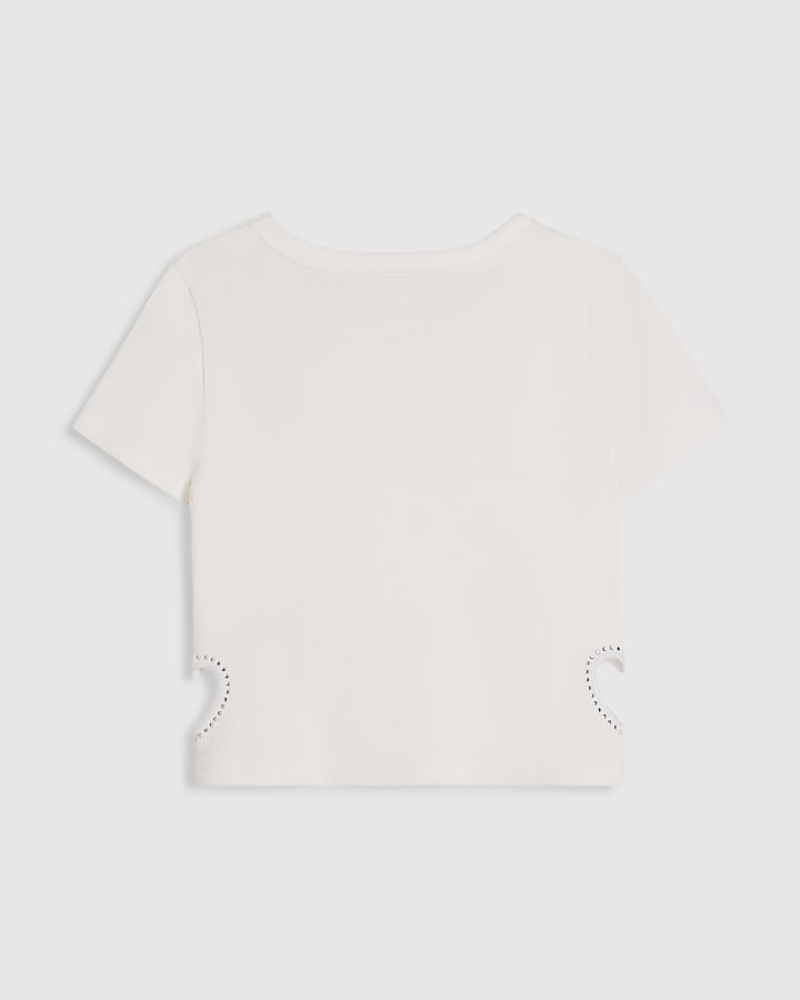 Girls White Heart Cut Out T-Shirt