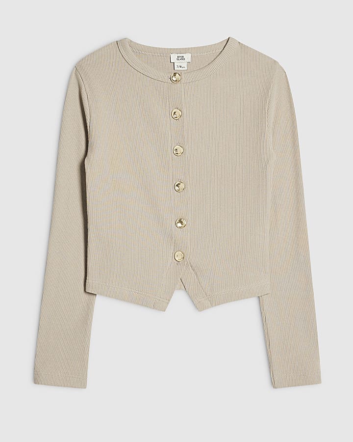 Girls Beige Long Sleeve Button Up Top