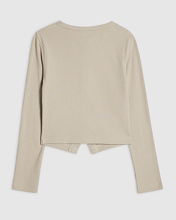 Girls Beige Long Sleeve Button Up Top