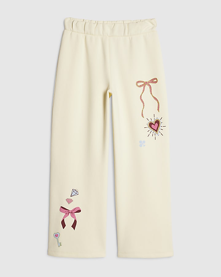 Girls Cream Icon Wide Leg Joggers