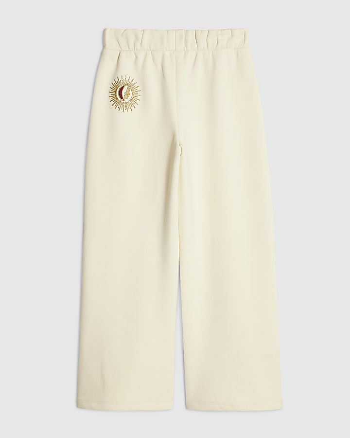 Girls Cream Icon Wide Leg Joggers