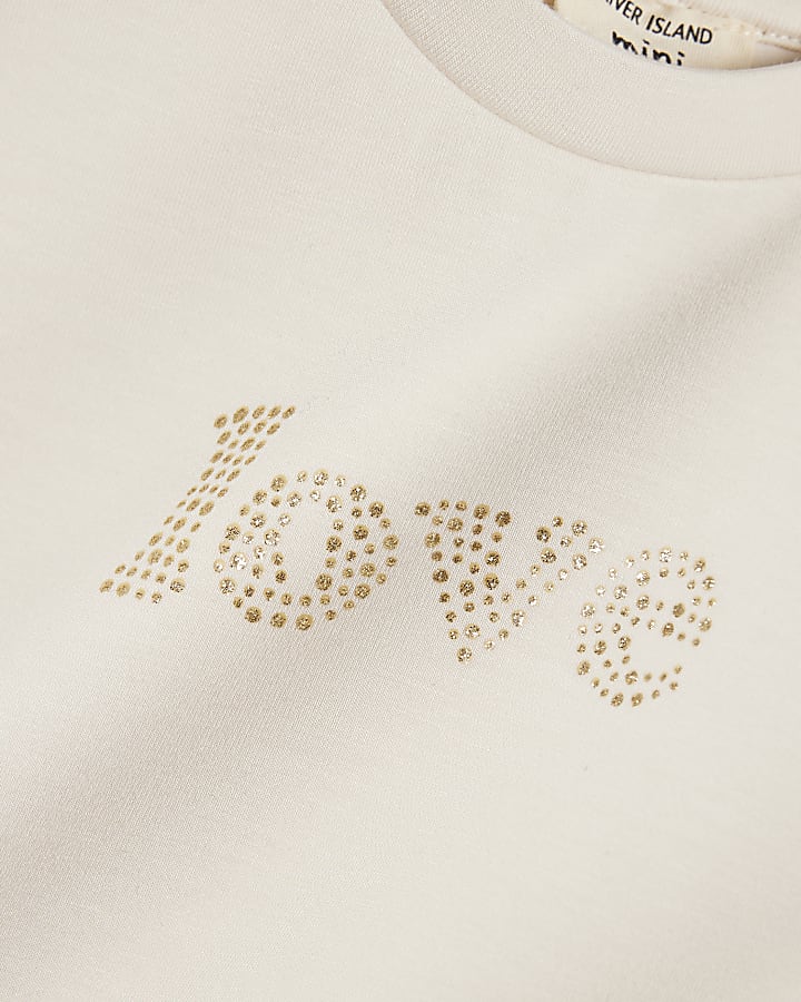 Mini Girls Cream Premium Love Bow T-Shirt Set