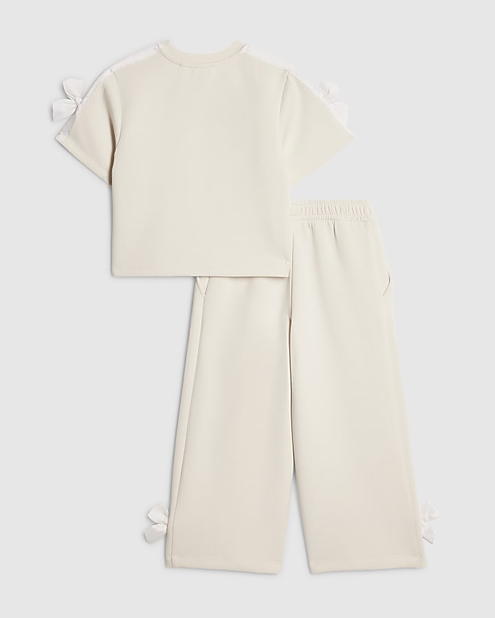Mini Girls Cream Premium Love Bow T-Shirt Set