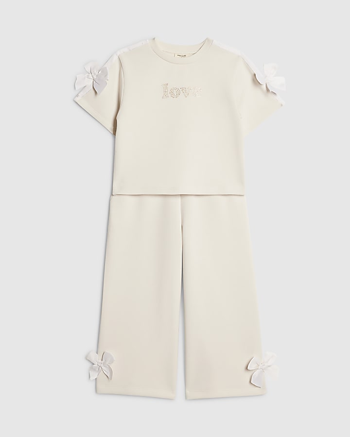 Mini Girls Cream Premium Love Bow T-Shirt Set