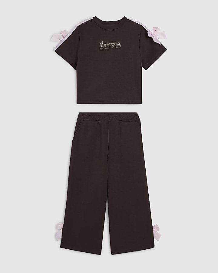 Mini Girls Brown Premium Bow T-Shirt Set